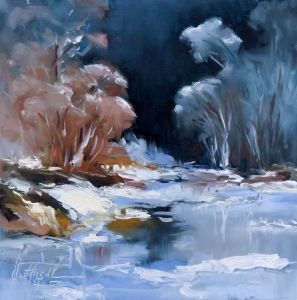 a frosty winternight, oil on panel, 8x8 inches