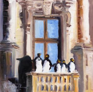 five penguines on a balustrade, oil on panel, 8x8 inches
