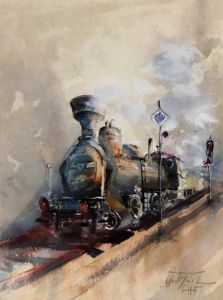 old steam engine, watercolor, 15x11 inches