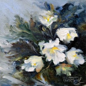 wild Christmas Roses, oil on panel, 6x6 inches