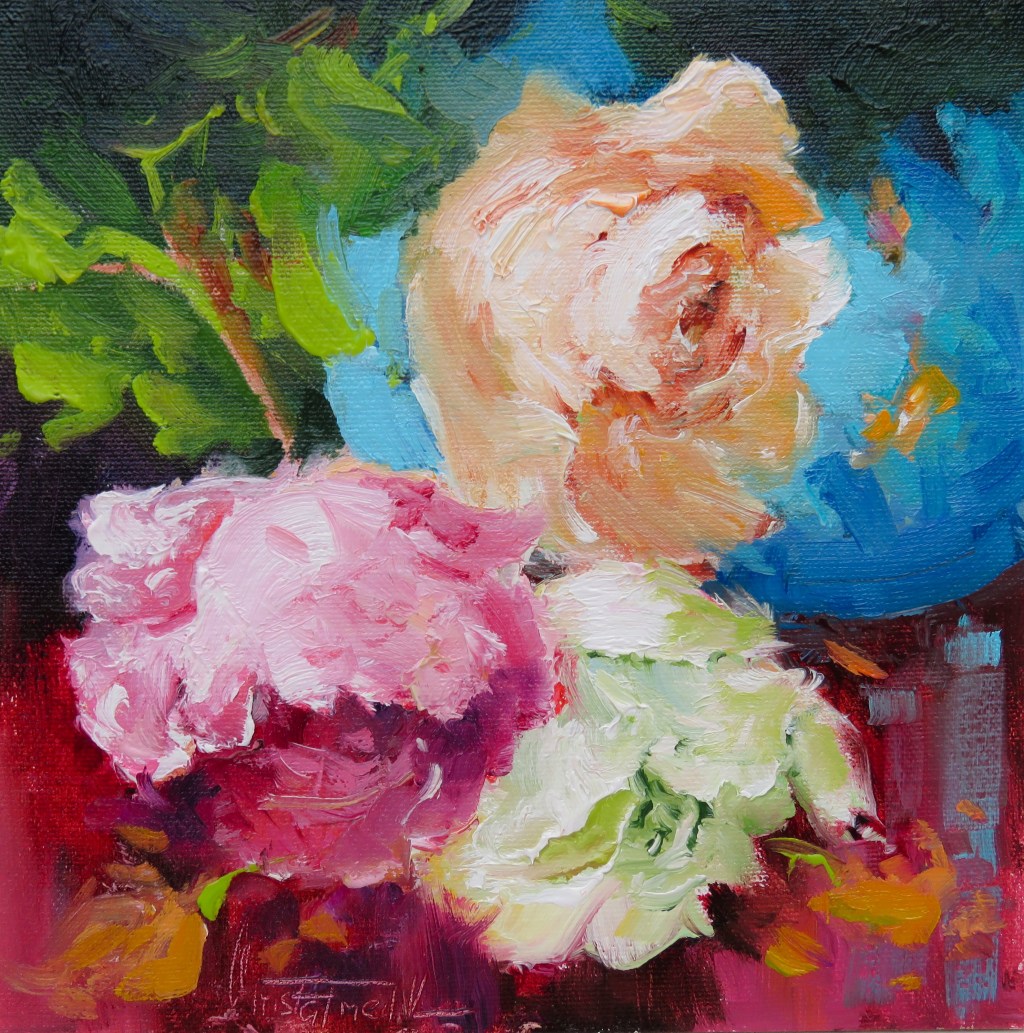 Three Roses in a turquoise&nbsp;vase